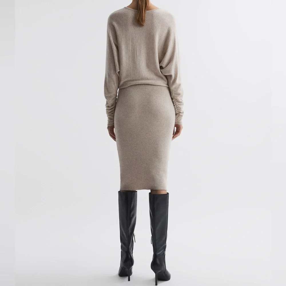 Reiss Leila Neutral Wool Blend Ruched Sleeve Dolman Midi Sweater Dress Size L - Picture 4 of 10